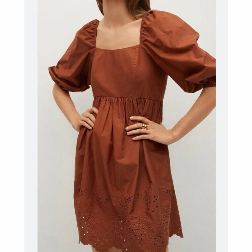 Mango Burnt Orange Puff Sleeve Eyelet Hem Babydoll Mini Dress 100% Cotton Size 8